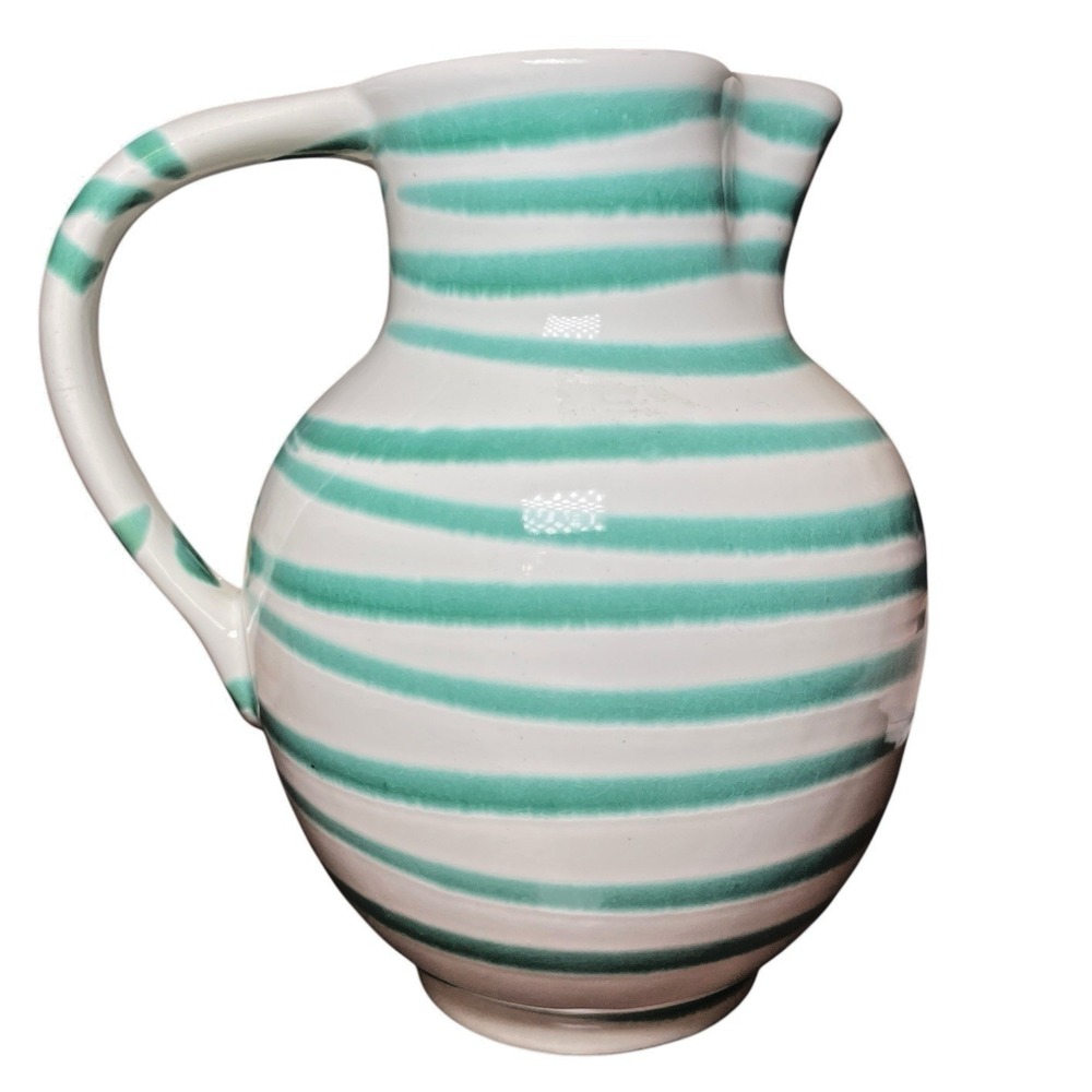 Vintage Gmundner Keramik Rare Green Stripe Hand Painted Pitcher 7 Inches‎ Tall